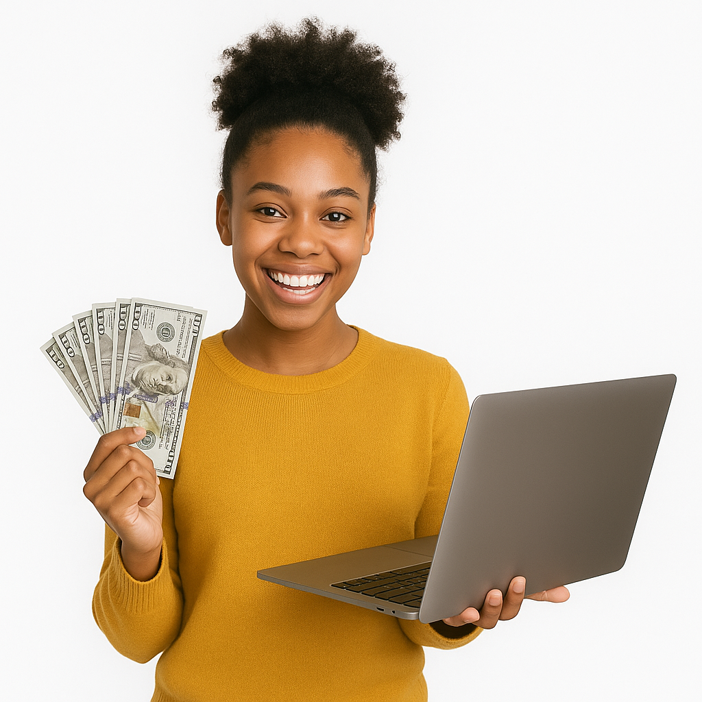 Couple smiling with cash at home